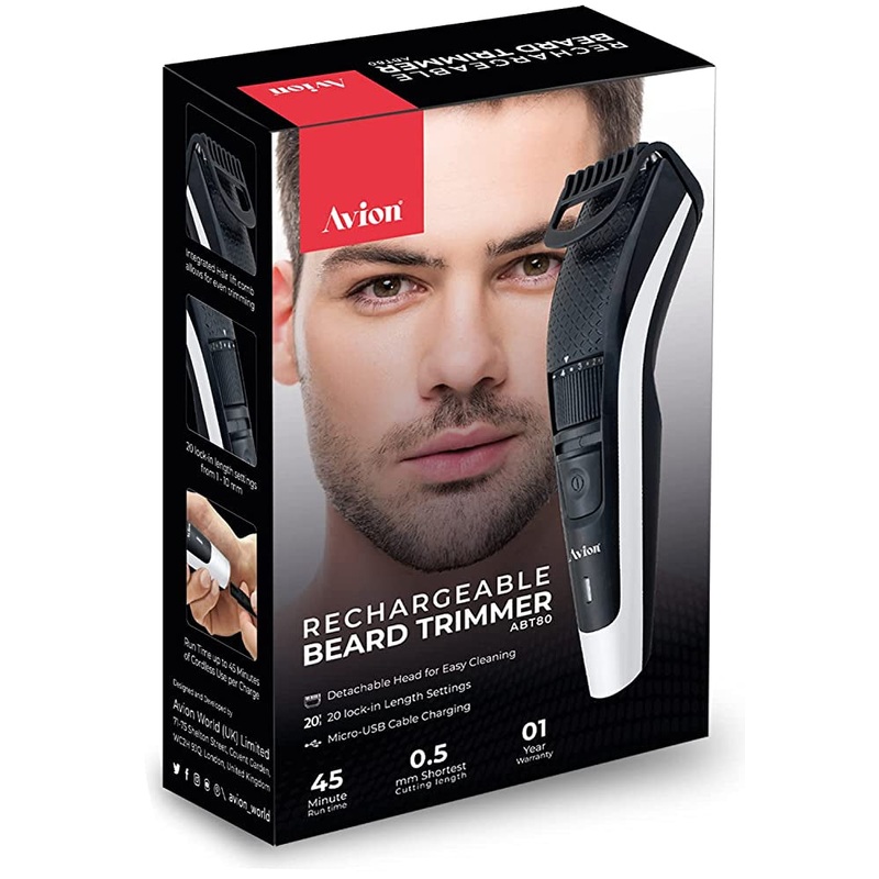 Avion Rechargeable Beard Trimmer for Men ABT80 | 20 Lock- in Length Settings | Cordless Electric Trimmer| Micro USB Charging | Up to 45 Minutes Use