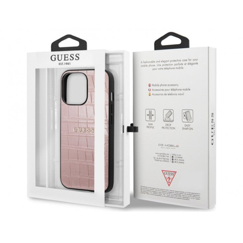 Guess iPhone 13 Leather Case Croco Design Hot Stamped Lines And Metal Logo