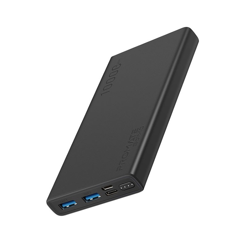 Promate 10000mAh Bolt-10 Portable Fast Charging 2.0A Dual USB Premium Battery Power Bank, with Input USB Type-C Port, Over Charging Protection, Black