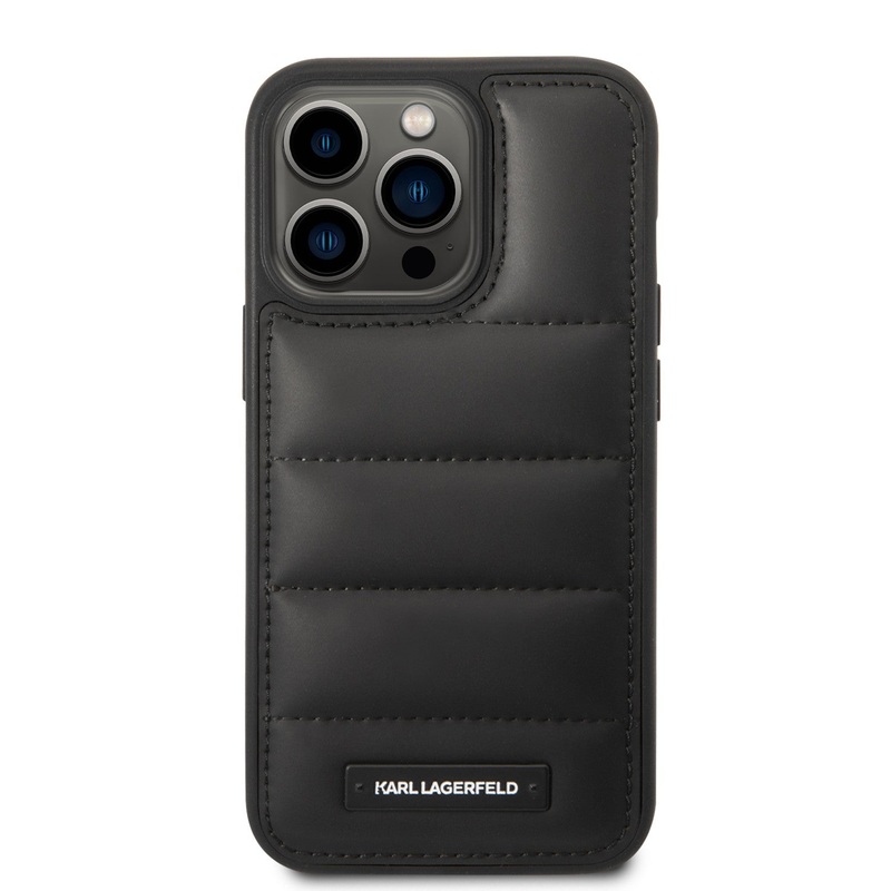 Apple iPhone 14, 14 Plus, 14 Pro, 15 Pro & 15 Pro Max Karl Lagerfeld Quilted Nylon Puffy Case With Metal Logo Plate in Black Color