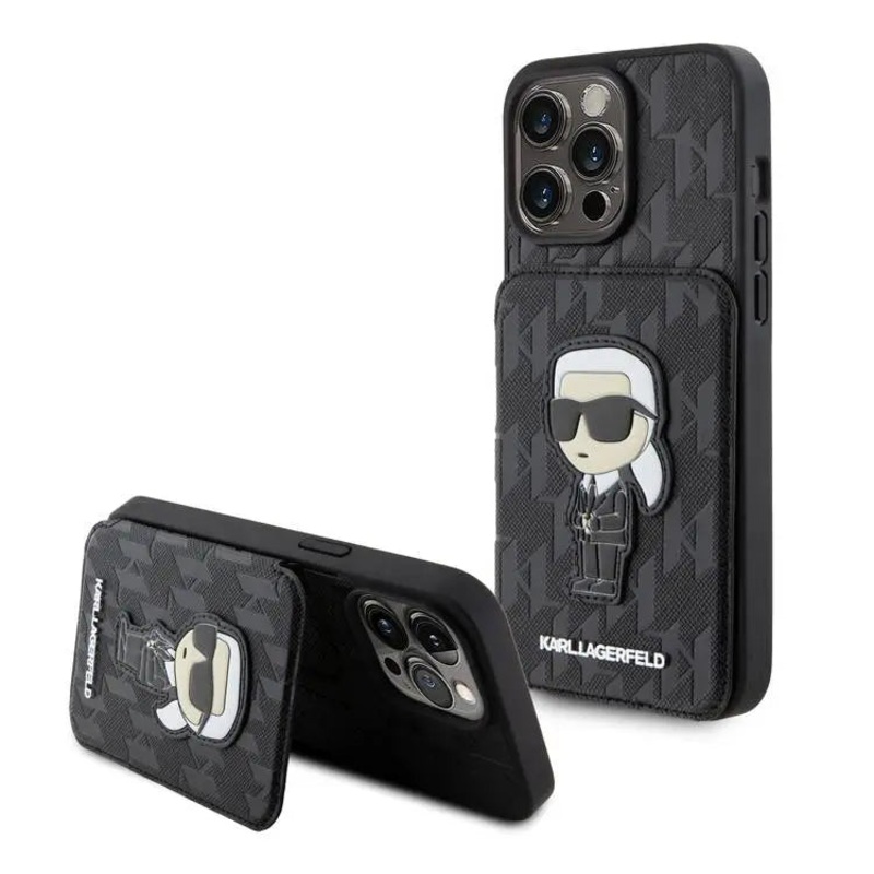 Apple iPhone 15 Pro & 15 Pro Max Karl Lagerfeld HC Saffiano Cardslots And Stand Monogram Ikonik Patch in Black Color