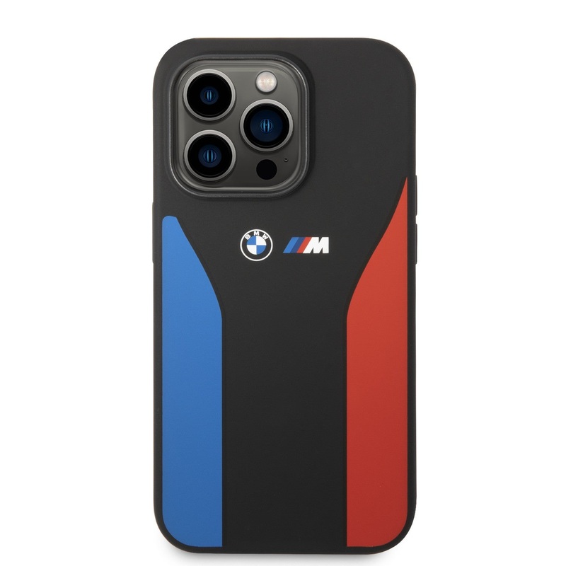 BMW M Collection Liquid Silicone Case With Tricolor Print & Logo For iPhone 14 Pro, 14 Pro Max – Black