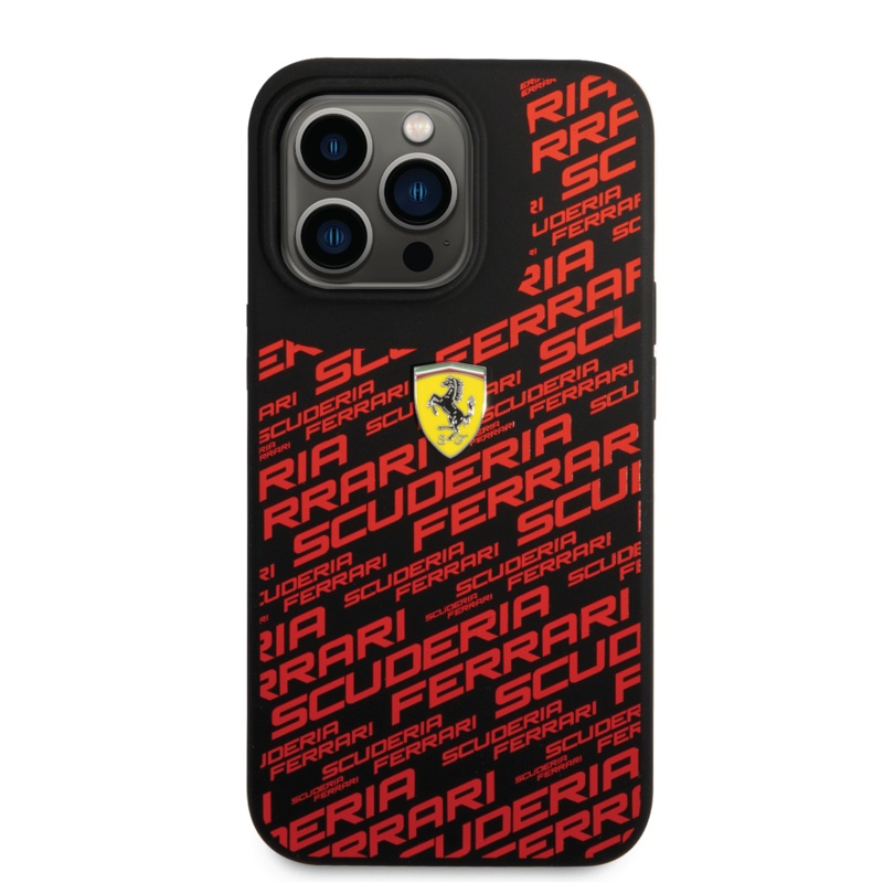 Ferrari Liquid Silicone Case All Over Printed Scuderia with Yellow Shield Logo Compatible for iPhone 14 Pro, 14 Pro Max (Black/Red/Yellow)