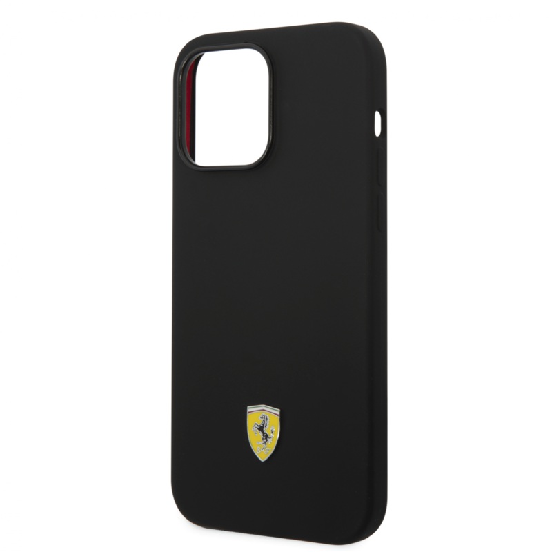 Ferrari Liquid Silicone Plain Case with Yellow Metal Logo Compatible for iPhone 14 Pro, 14 Pro Max (Black/Red)