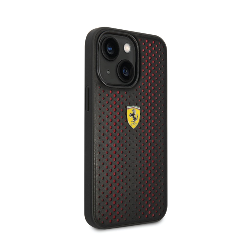 Ferrari PU Leather Perforated Case With Nylon Base & Yellow Shield Logo Compatible for iPhone 14, 14 Plus, 14 Pro, 14 Pro Max (Red/Yellow)