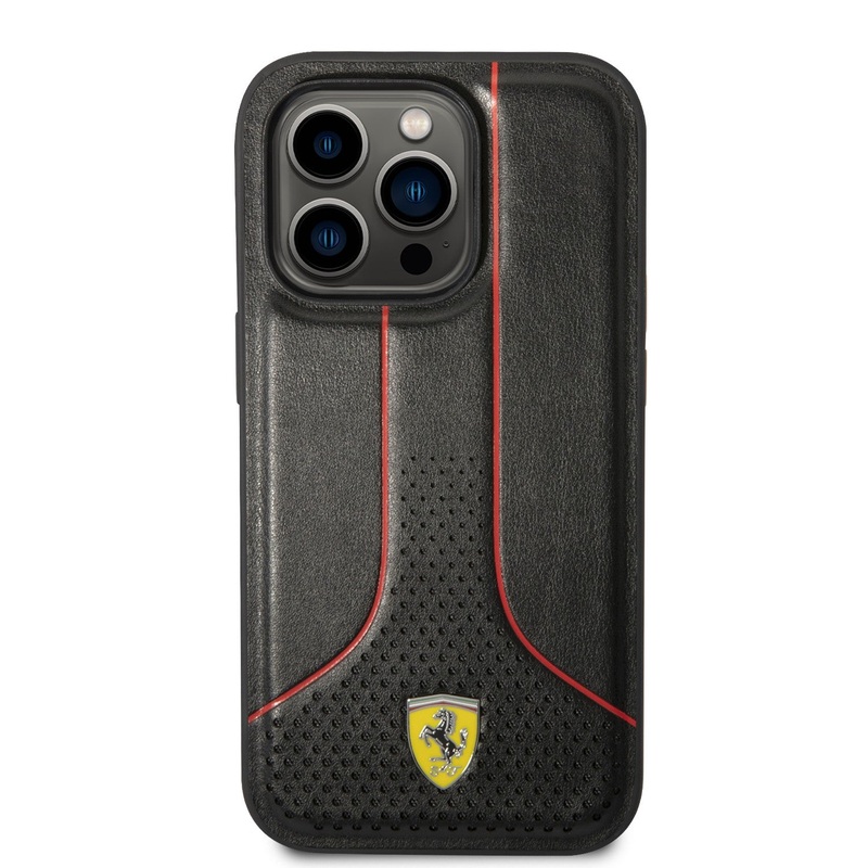 Ferrari PU Leather Smooth And Perforated Case with Yellow Metal Logo Compatible for iPhone 14 Pro, 14 Pro Max (Black/Red)