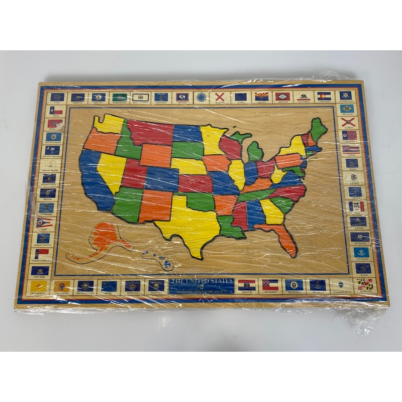 Vintage National Geographic Society United States and Flags Wooden Puzzle