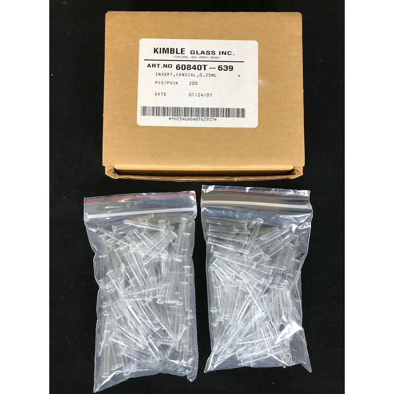 Kimble Glass 0.25mL Conical Inserts 60840T-639 Box of 200 New