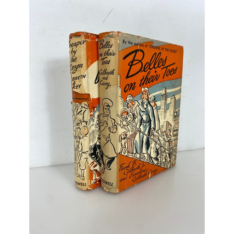 2 Vols: Cheaper by the Dozen/Belles on Their Toes by Gilbreth 1949-50 HCDJ