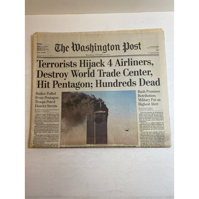 Washington Post September 12, 2001 9/11 Attack Coverage