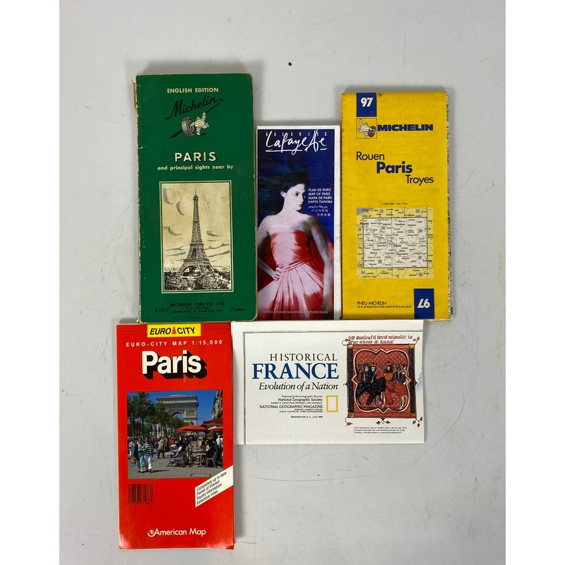 Lot of Paris France Maps incl 1958 Michelin Guide/Euro City/Galeries Lafayette