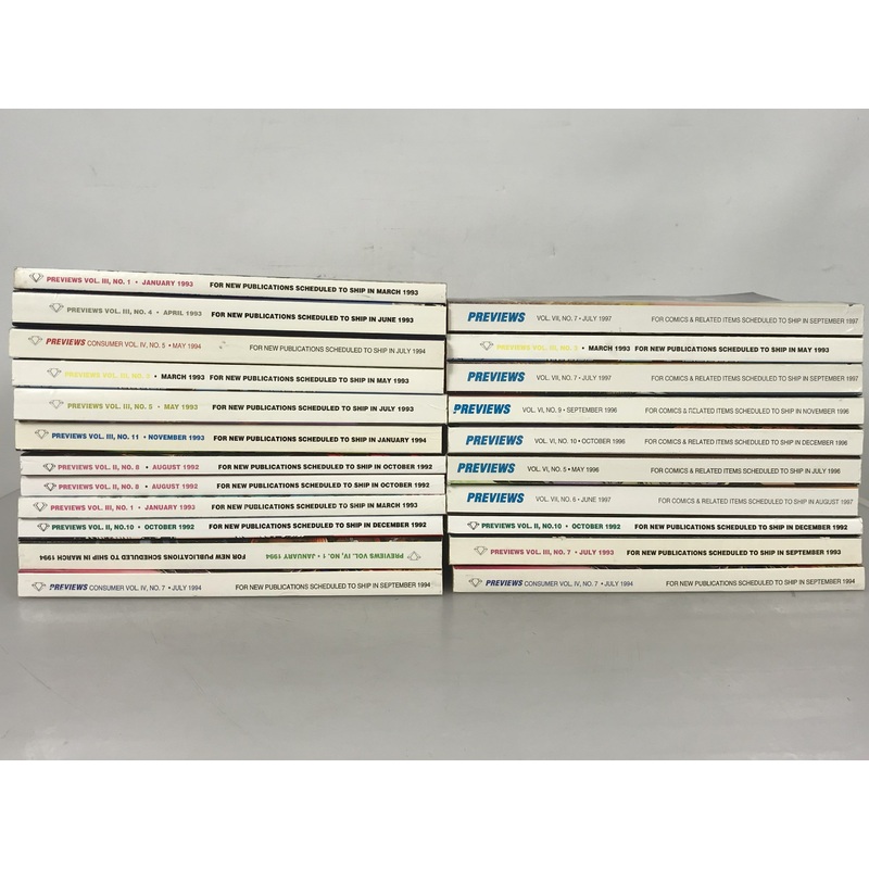 Previews Magazine|August 1992|October 1992|January 1993|March 1993|April 1993|May 1993|July 1993|November 1993|January 1994|May 1994|July 1994|October 1996|May 1996|September 1996|June 1997|July 1997
