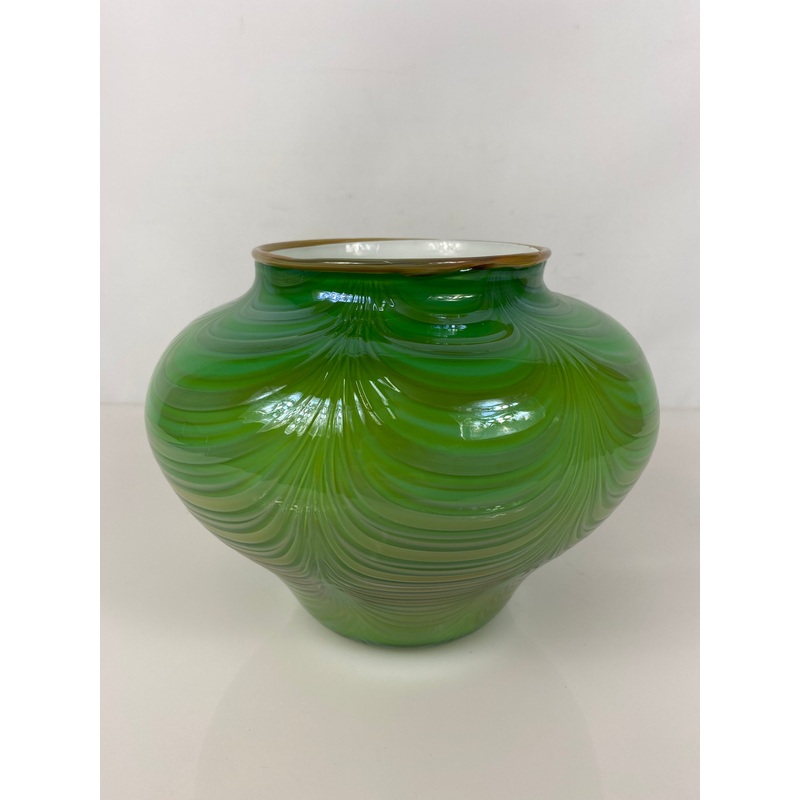 Signed Glass Blown Short Green Vase