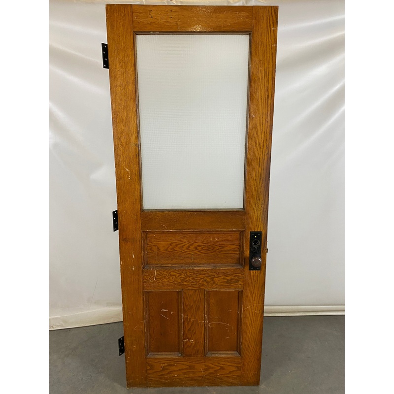Wooden Door with Frost Pane Glass Window and Brass Knob
