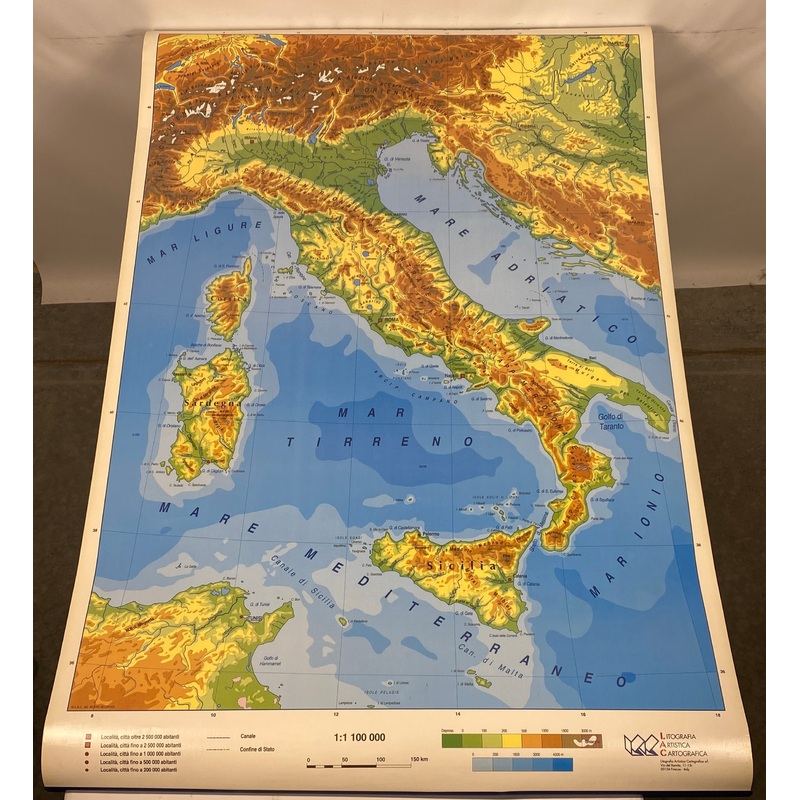 Large Vinyl Two-Sided Wall Map of Italy w Italian Place Names