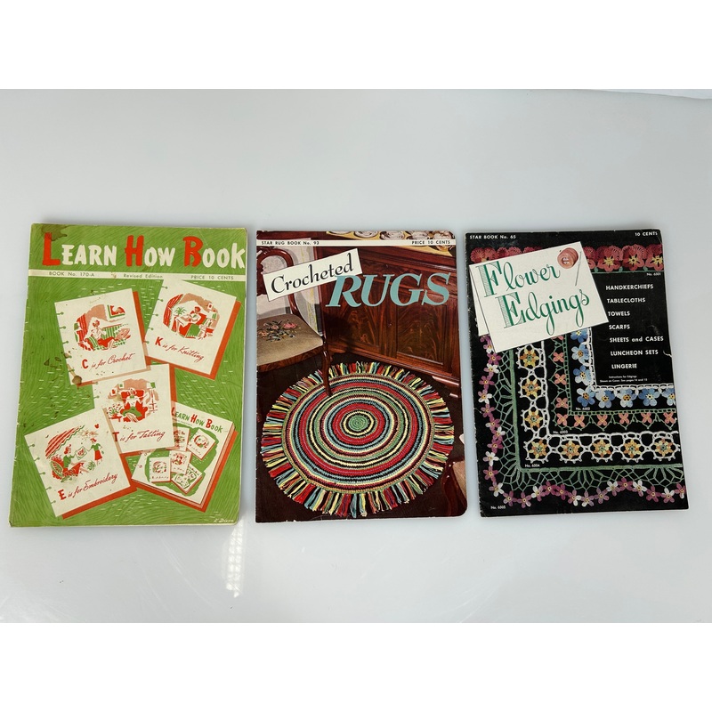 Lot of 3 Antique Crochet Books: Learn How To, Crocheted Rugs & Flowered Edging