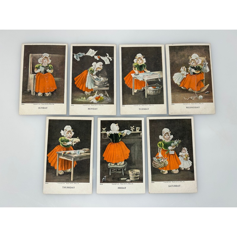 Rare Full Set of 7 Vintage c1906 Magee Art Days of Week Cat Postcards