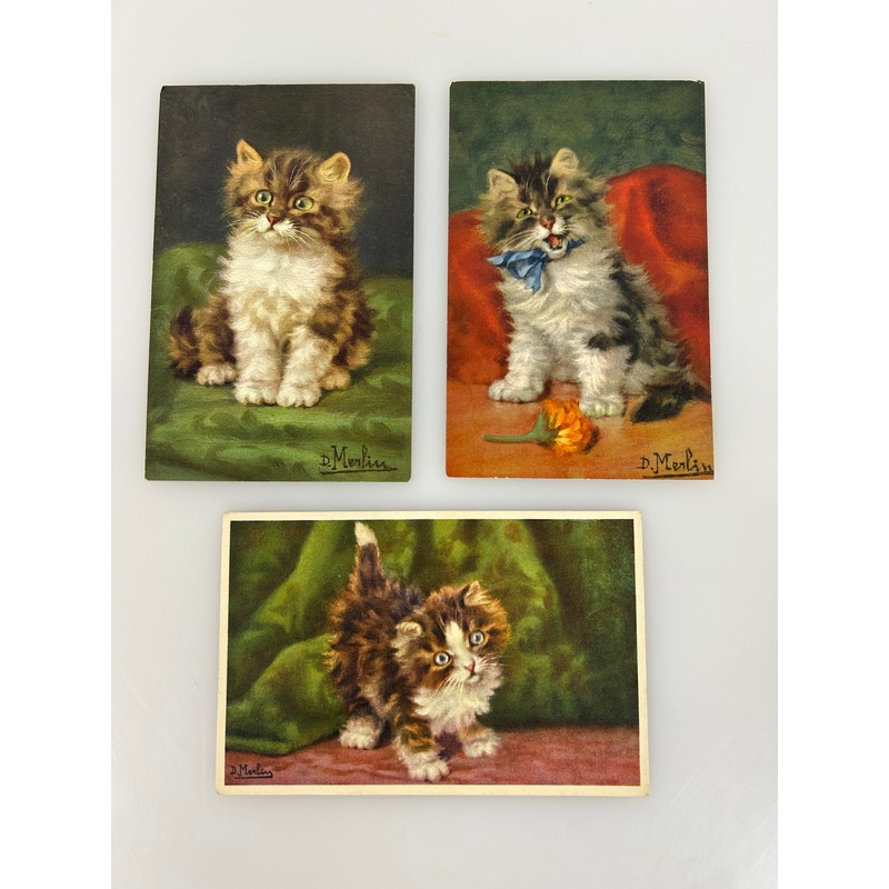 Lot of 3 Vintage Cat Postcards 1935 Artist Signed D. MERLIN