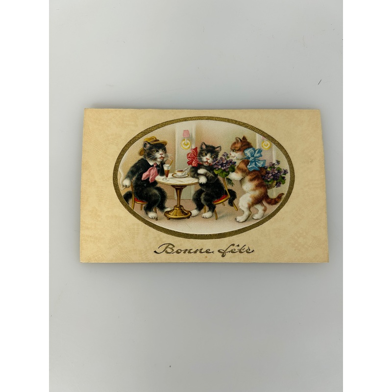 Antique Cat postcard oval vignette with gold embossing Bonne Fete PittiUS