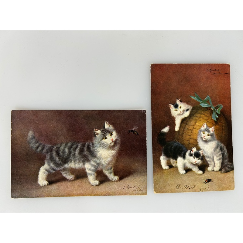 Lot of 2 Antique A/S S. Sperlich Cats with Bugs German printed c1900’s