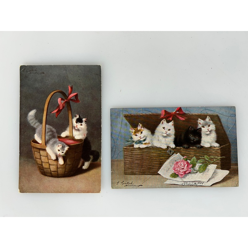 Lot of 2 Antique A/S Sperlich Cats in baskets w/red bow German printed c1900’s