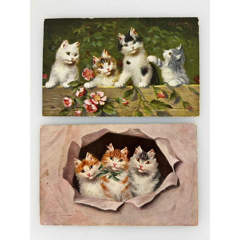 Lot of 2 Antique A/S Sperlich Cats with flowers & torn paper German c1900’s