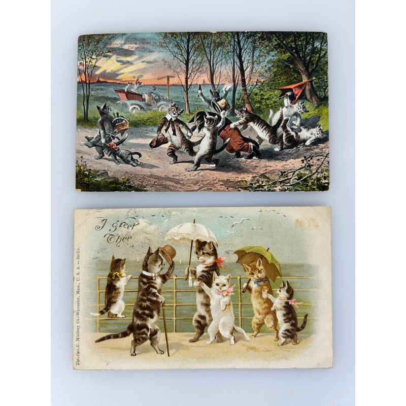 Lot of 2 Antique Anthropomorphic Cat Postcards Posted 1907 & 1914