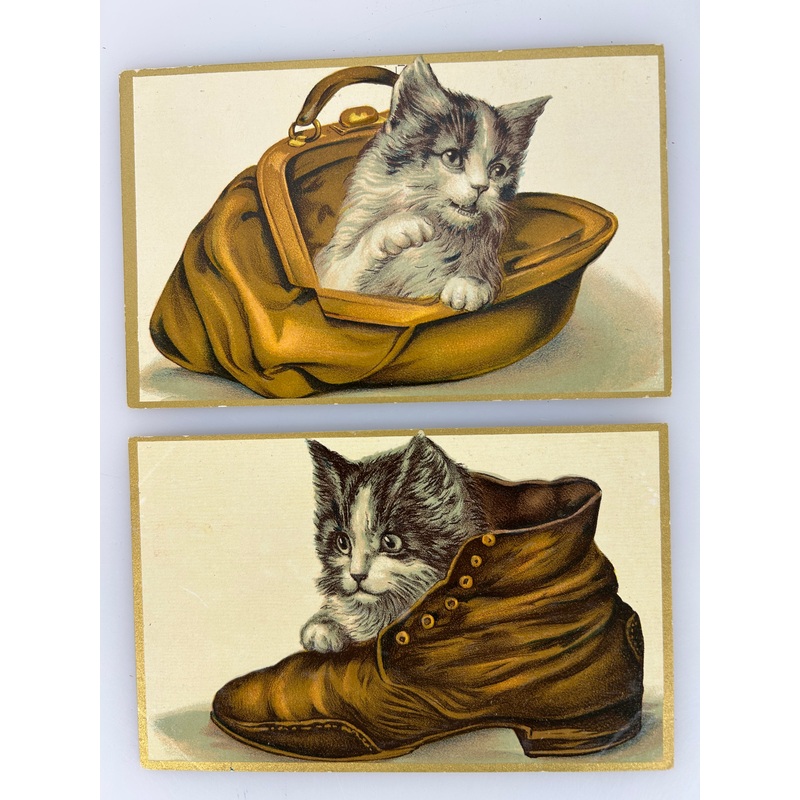 Lot of 2 Antique Embossed Cat in Boot & In Bag with Gilt Frames c1910 unposted
