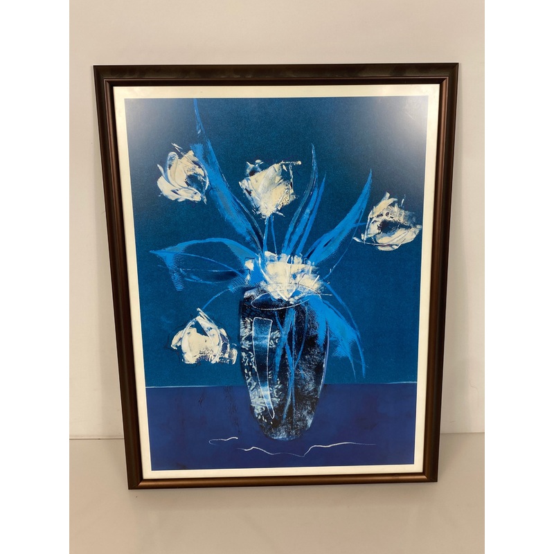 Flowers in Vase Blue Tint Painting in Black Frame
