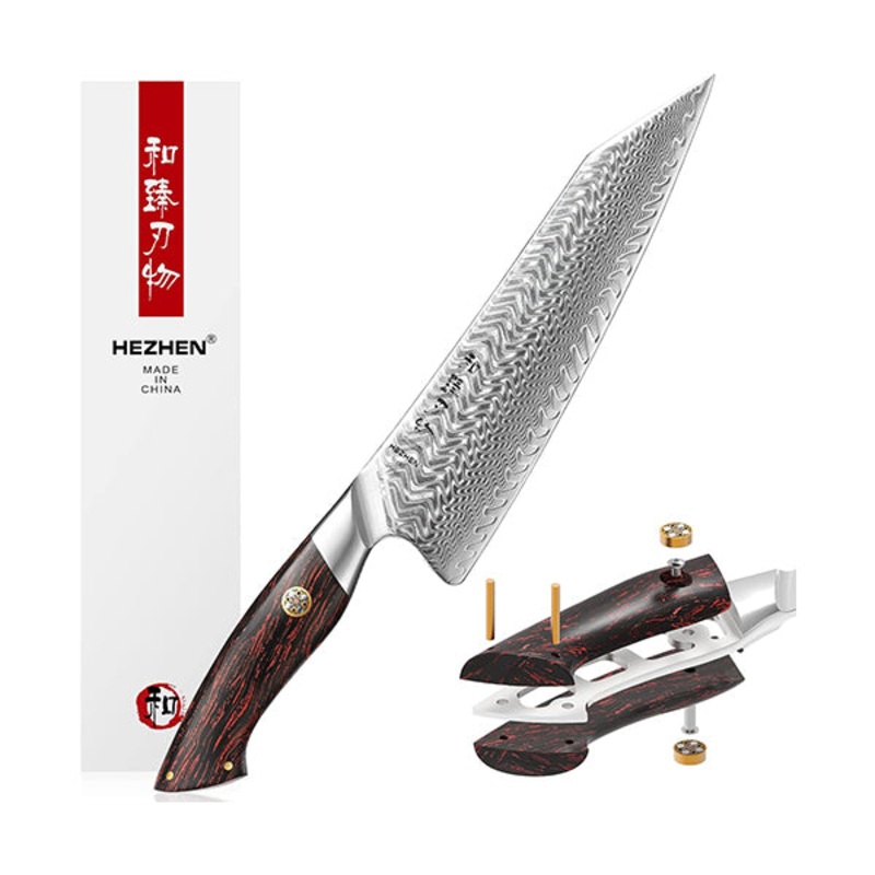HEZHEN 8.5 Inches Damascus Chef Knife, 73 Layers Damascus Steel Powder Steel Kitchen Knives, Damascus Pattern G10 Handle