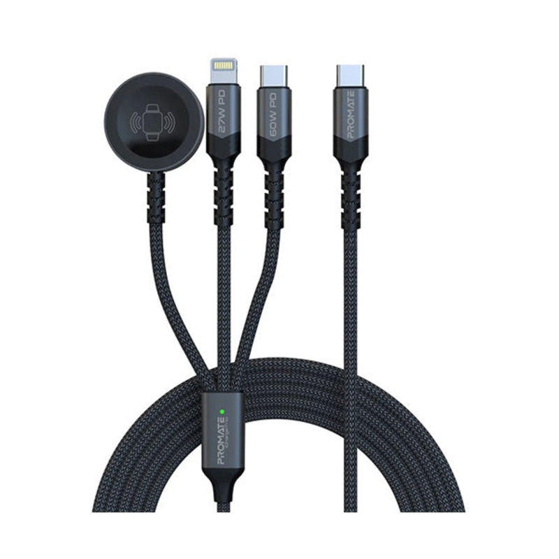 Promate, iCharge-Trio, 5-in-1 Multi-Connector Cable for Charging & Data Transfer with Apple Watch Charger