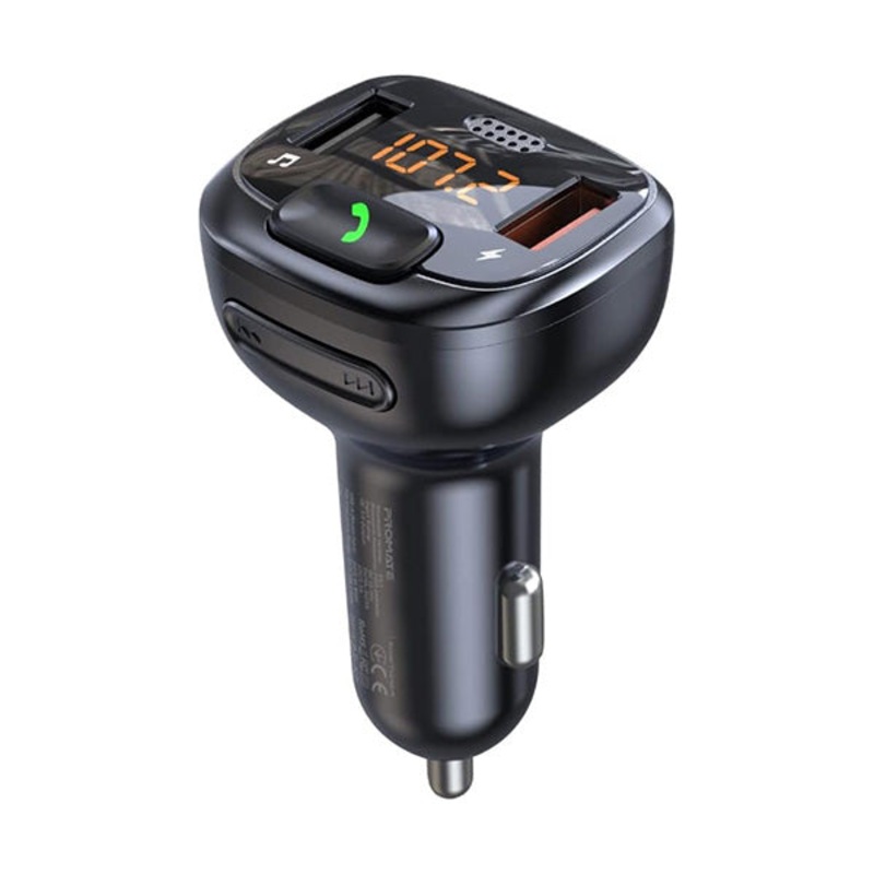 Promate, SmarTune-4, Wireless FM Transmitter, In-Car Bluetooth V5.1 Transmitter Car Kit with 18W Quick Charge 3.0 Port, USB Media Port, Noise Cancelling Mic and LCD