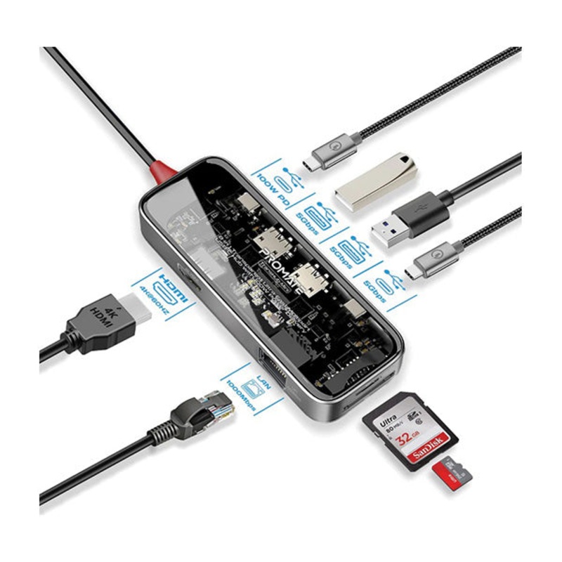 Promate, TRANSHUB-MINI, 8-in-1 Transparent Ultra-Fast Multiport USB-C Hub