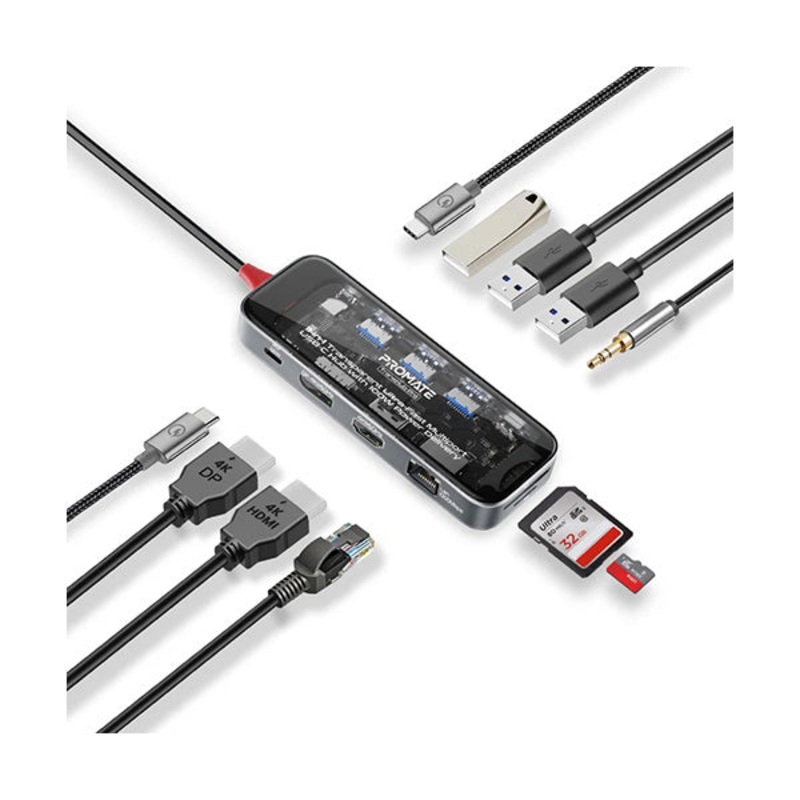 Promate, TRANSHUB-PRO, 11-in-1 Transparent Ultra-Fast Multiport USB-C Hub with 100W Power Delivery