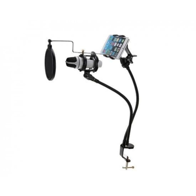 3 in 1 Metal Microphone Mount Holder With Cell Phone Clip Stand & Pop Filter