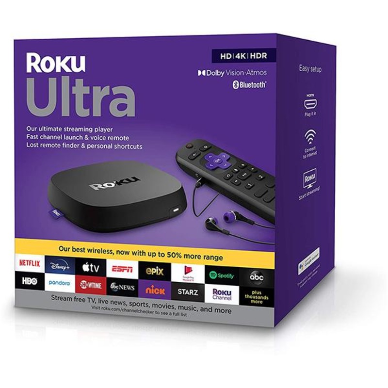 Roku Ultra 2020 | Streaming Device HD/4K/HDR/Dolby Vision with Dolby Atmos, Bluetooth Streaming, and Roku Voice Remote with Headphone Jack and Personal Shortcuts, includes Premium HDMI Cable