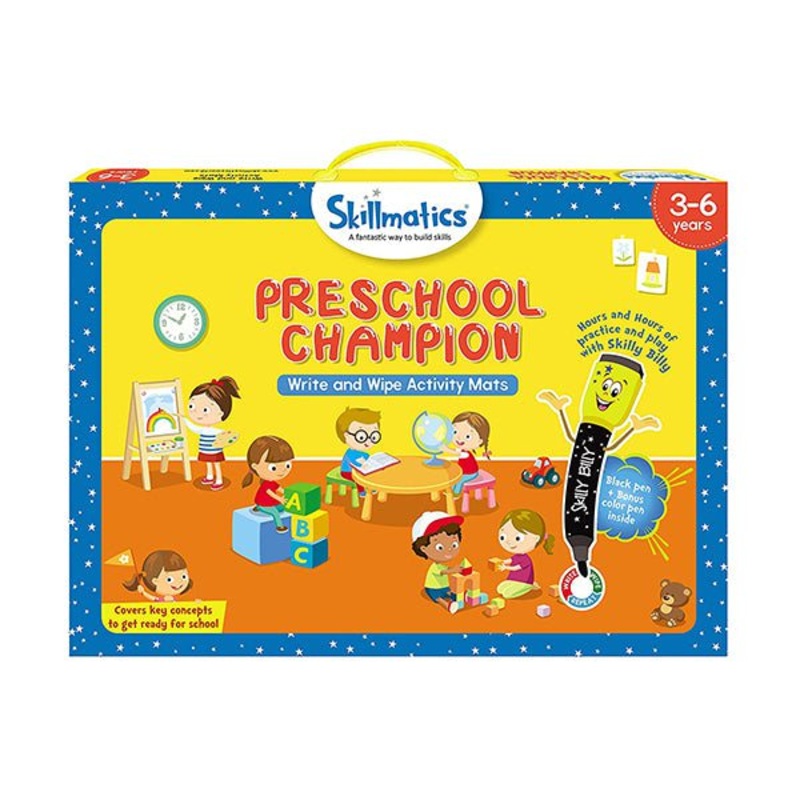 Skillmatics, Preschool Champion, 3-6 Years, Erasable and Reusable Activity Mats with 2 Dry Erase Markers, Learning Tools for Boys and Girls 3, 4, 5, 6 Years, SKILL03PCB