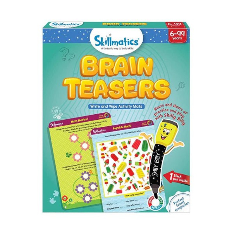 Skillmatics, Brain Teasers, 6-99 Years, Travel Toy & Learning Tools, Reusable Activity Mats with Dry Erase Marker, SKILL45BTS