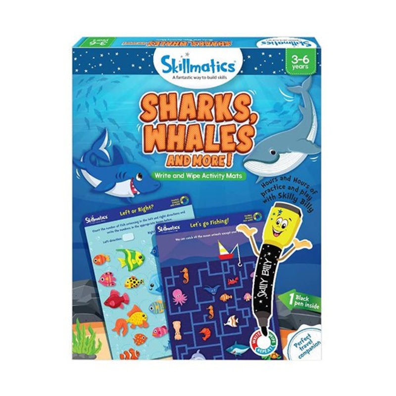 Skillmatics, Sharks, Whales & More, 6-9 Years, Travel Toy & Learning Tool for Kids, Reusable Activity Mats with Dry Erase Marker, SKILL96SWS