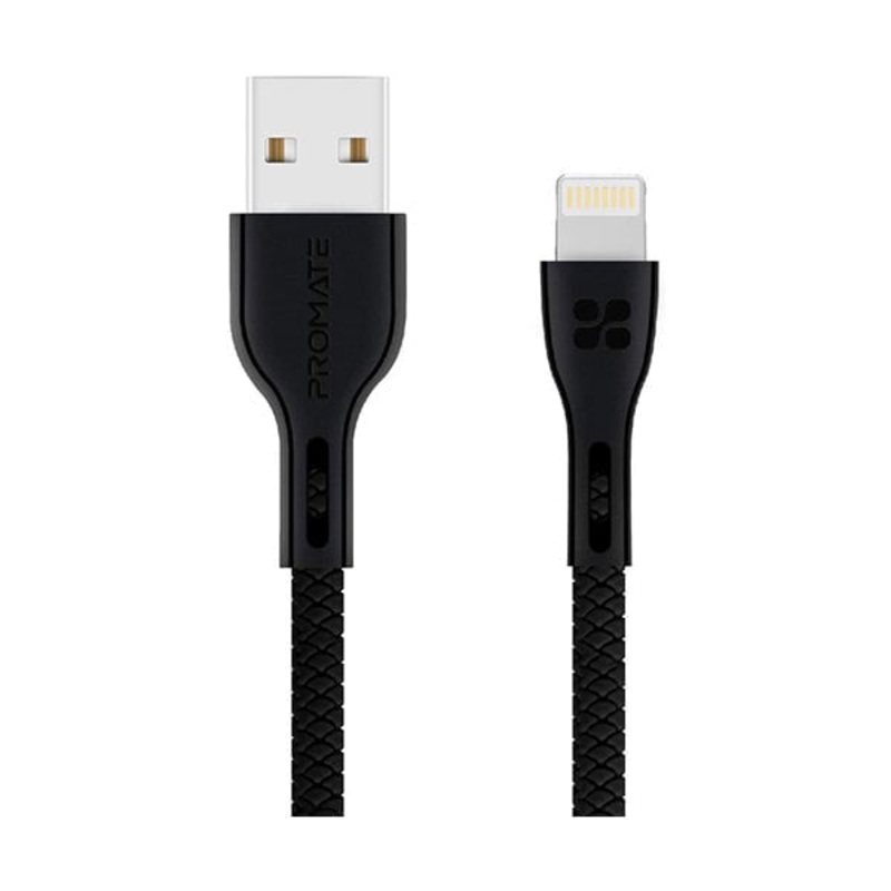 Promate 1.2-Meter PowerBeam-I Lightning Cable, Ultra-Strong 2A USB A to Lightning, Ultra-Fast Sync/Charge, Tangle-Free, Over-Charging Protection for Apple iPhone XS/XS Max/XR/iPad/iPod