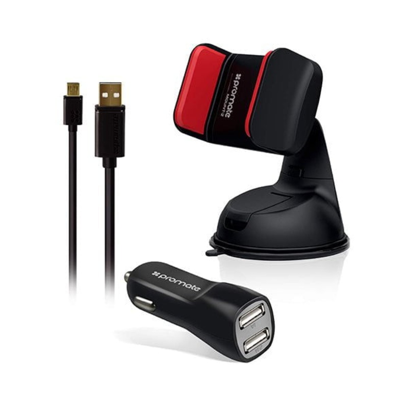 Promate Carkit-HM Car Kit, 3-in-1 Micro-USB Car Kit, 3.1A Dual USB Universal Car Charger, Micro-USB Sync and Charge Cable with Car Mount Holder for Smartphones