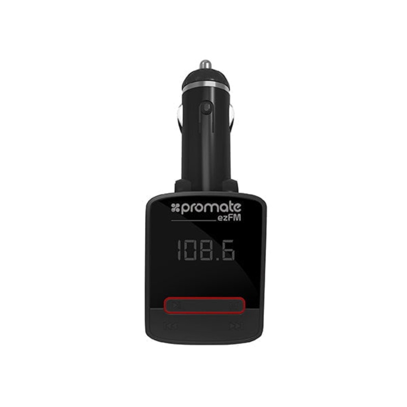 Promate EZ FM Transmitter with Remote Control and 2.1 A USB Car Charger with 3.5mm Aux Plug for iPhone Samsung LG HTC