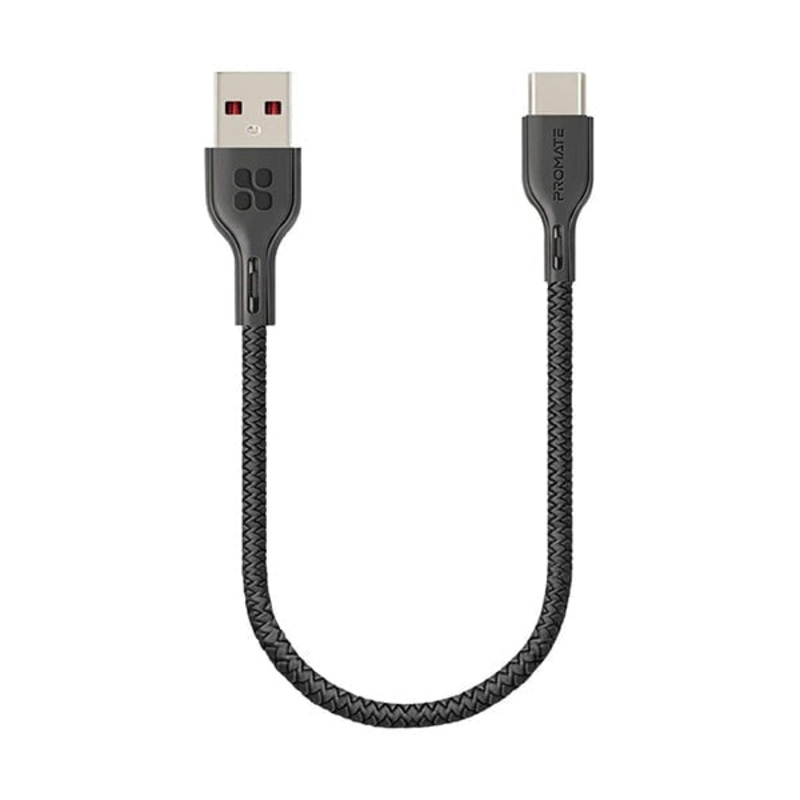 Promate PowerBeam-25C Short USB-C Cable, Premium PVC Coated 25cm USB-A to USB Type-C 3A Fast Sync Charging Cord with Anti-Tangle Cable and Over-Charging Protection for Type-C Enabled Devices