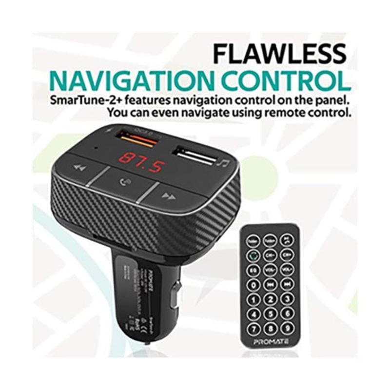 Promate SmarTune 2+ Wireless Bluetooth FM Modulator, Multi-Function Compact Car Audio Adapter with Qualcomm QC 3.0, Hands-Free Calling, AUX Input, TF Card Slot, USB 1A Port and LED Display