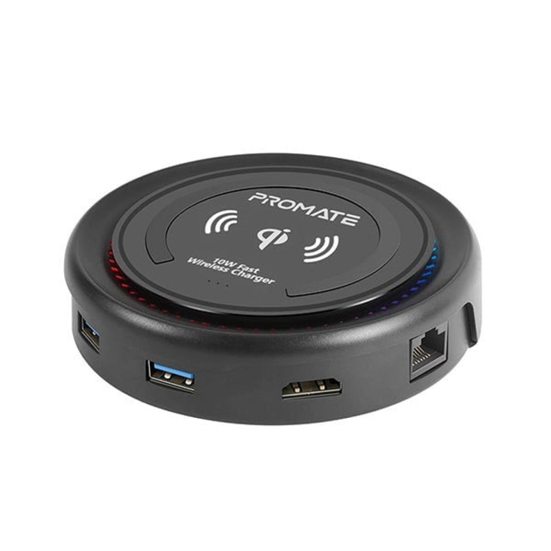 Promate, CenterHub USB C Hub with Qi Wireless Charger, USB Type-C Docking Station with 100W Type-C Power Delivery, HDMI 4K, Dual USB 3.0 Port