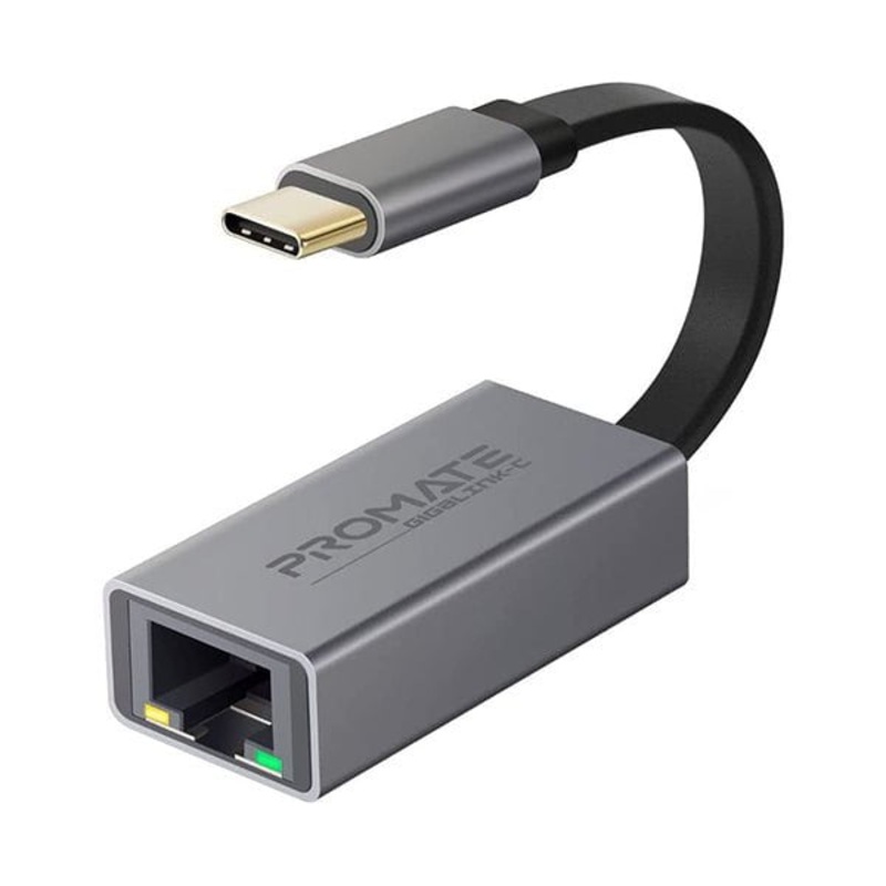 Promate, GigaLink-C USB-C Adapter, Premium Aluminium Alloy Full-Speed USB Type-C to 10/100/1000Mbps RJ45 Gigabit Ethernet Port for All USB-C Smartphones, Tablets, Laptops