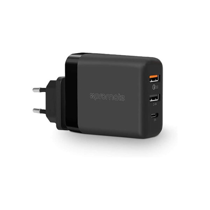 Promate, PowerHub-QC Travel Charger, Premium 3-Port 30W USB Wall Adapter with Type-C Power