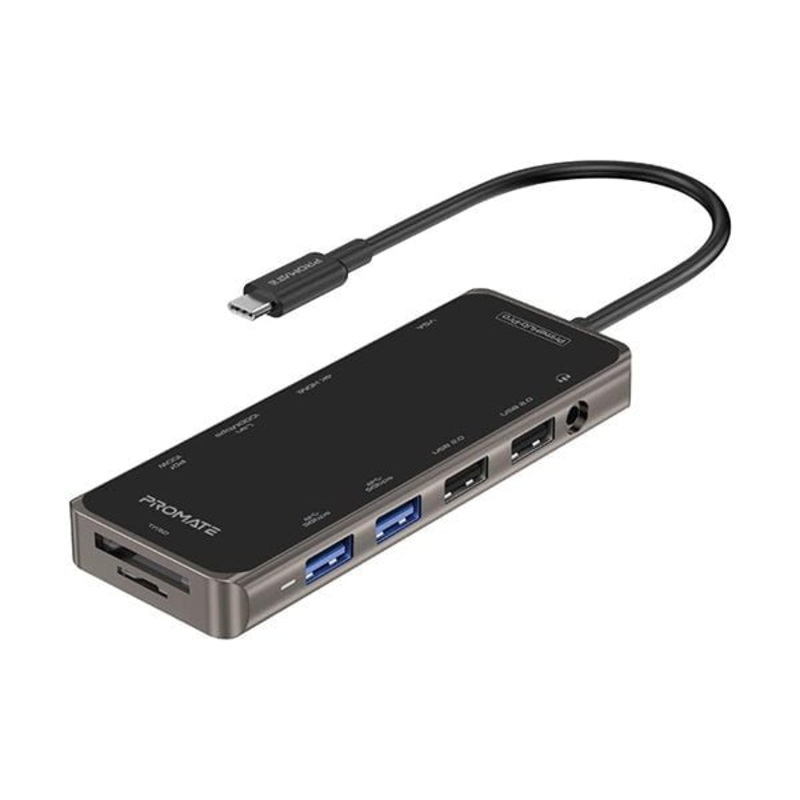 Promate, PrimeHub-Pro USB-C Hub, 11-in-1 Type-C Multi-Port Adapter with 100W USB-C Power Delivery, 4K HDMI, VGA Port, RJ45 Port, AUX, TF/SD Card Slot and 4 USB Ports for MacBook Pro, MacBook Air, XPS