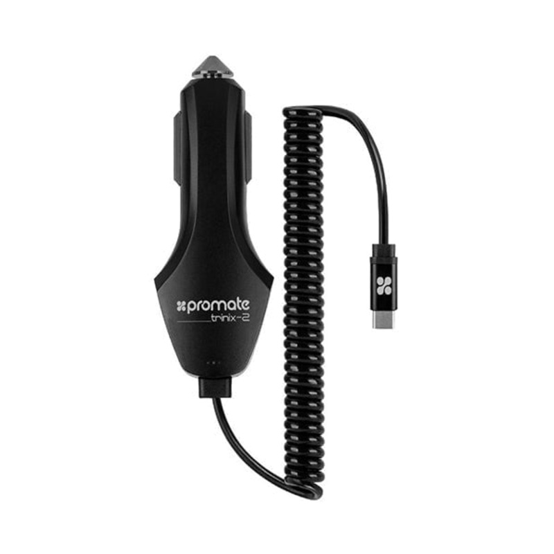Promate Trinix-2 USB Type-C Car Charger, Dual USB Car Charger with Quick Charge 3.0 Built-in USB-C Cable for Nexus 6P/5X, Google Pixel/Pixel XL and Apple, Android Devices