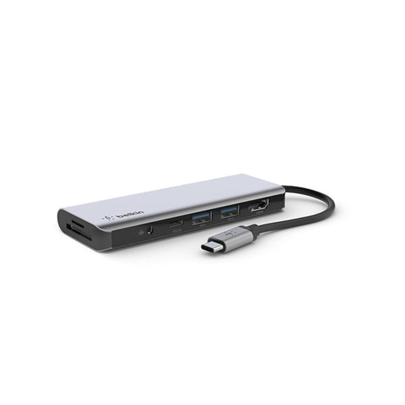 Belkin, AVC009BTSGY USB C Hub, 7-in-1 MultiPort Adapter Dock with 4K HDMI 1.4, USB-C PD 3.0, 2X USB-A 3.0 BC1.2, SD 3.0 Card Reader, Micro SD 3.0, 3.5 mm Audio in/Out for MacBook Pro,Air, iPad Pro, XPSand More